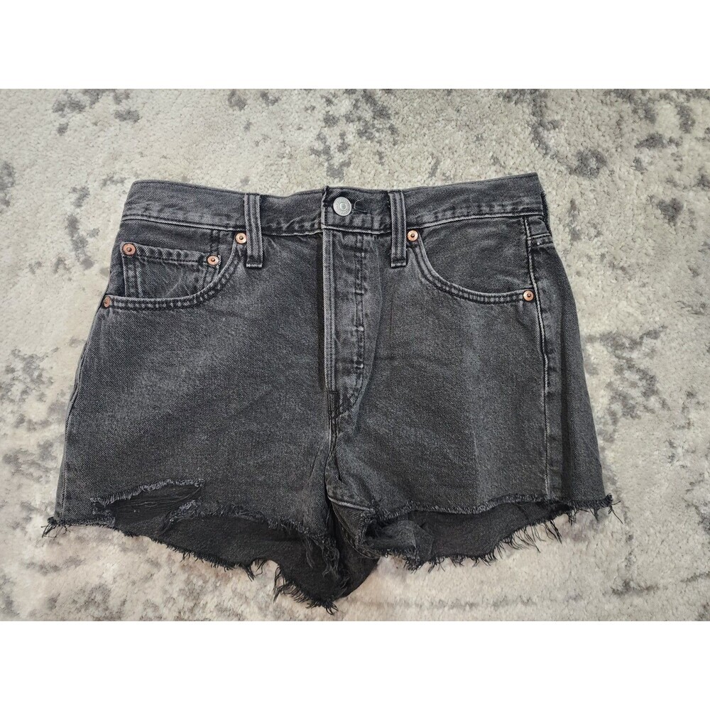 Levis 501 Original High Rise Denim Shorts Washed Black Raw Hem Womens 28